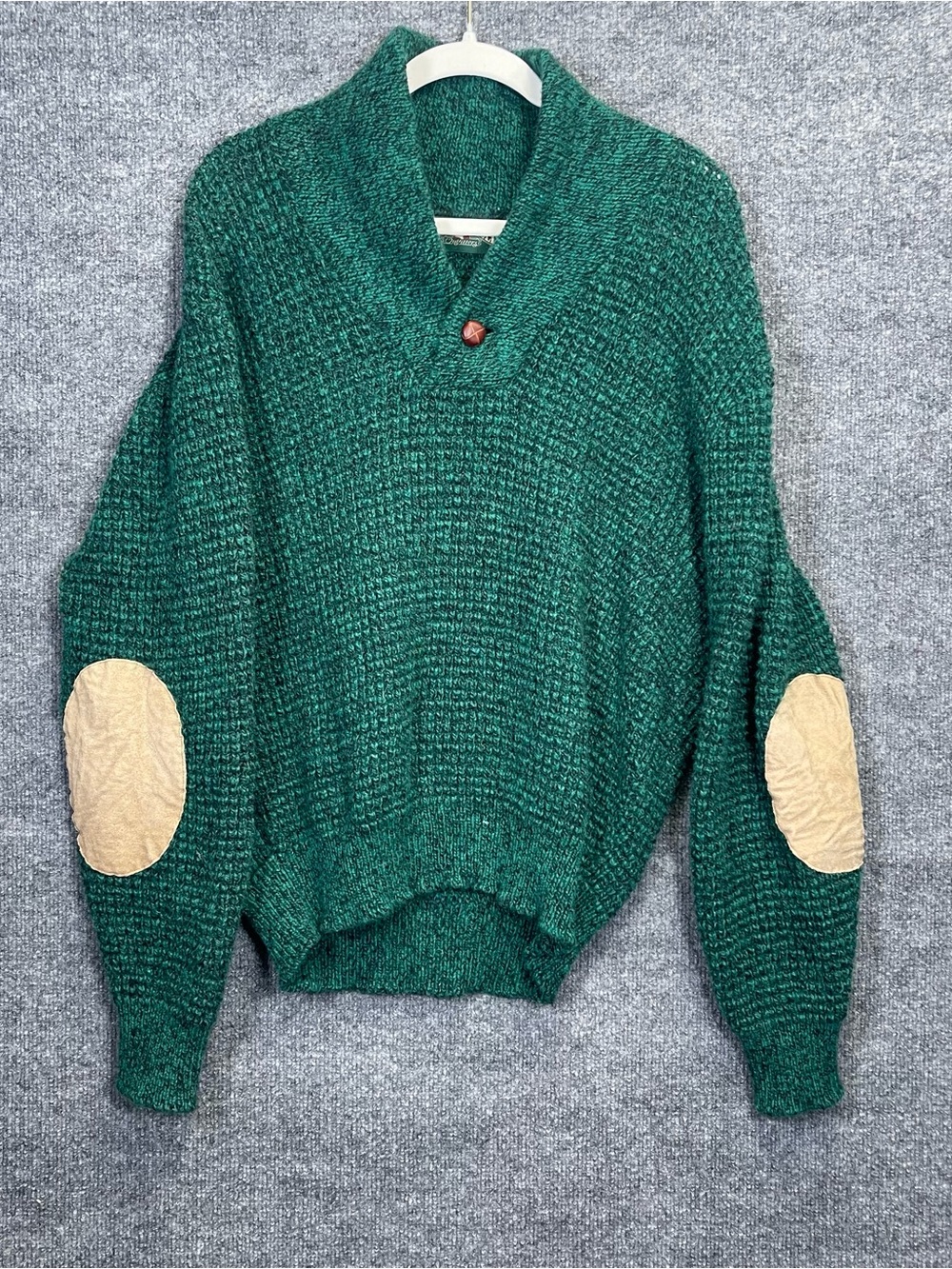 Vintage American Eagle Mens Medium Green Wool Knit Patch Elbow Grandpa Sweater